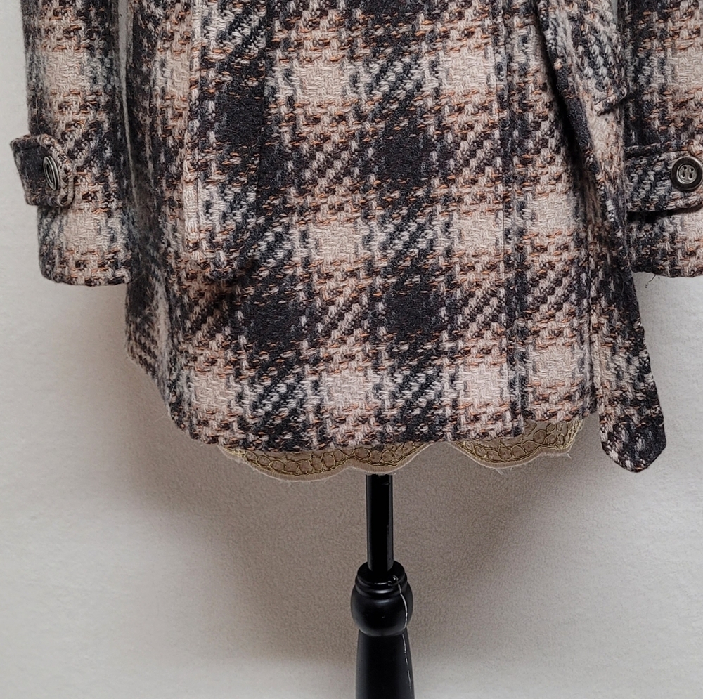 DKNY Retro Y2K Brown Plaid Tweed Double Breasted Belted Midi Peacoat Trench Coat - Picture 5 of 13